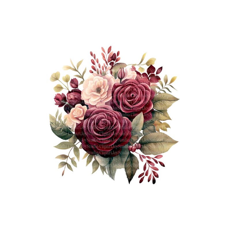 Pacote de clipart de flores cor de vinho, buquê de rosas, gráficos PNG, download digital, artesanato em papel, diário de lixo, scrapbooking imagem 7
