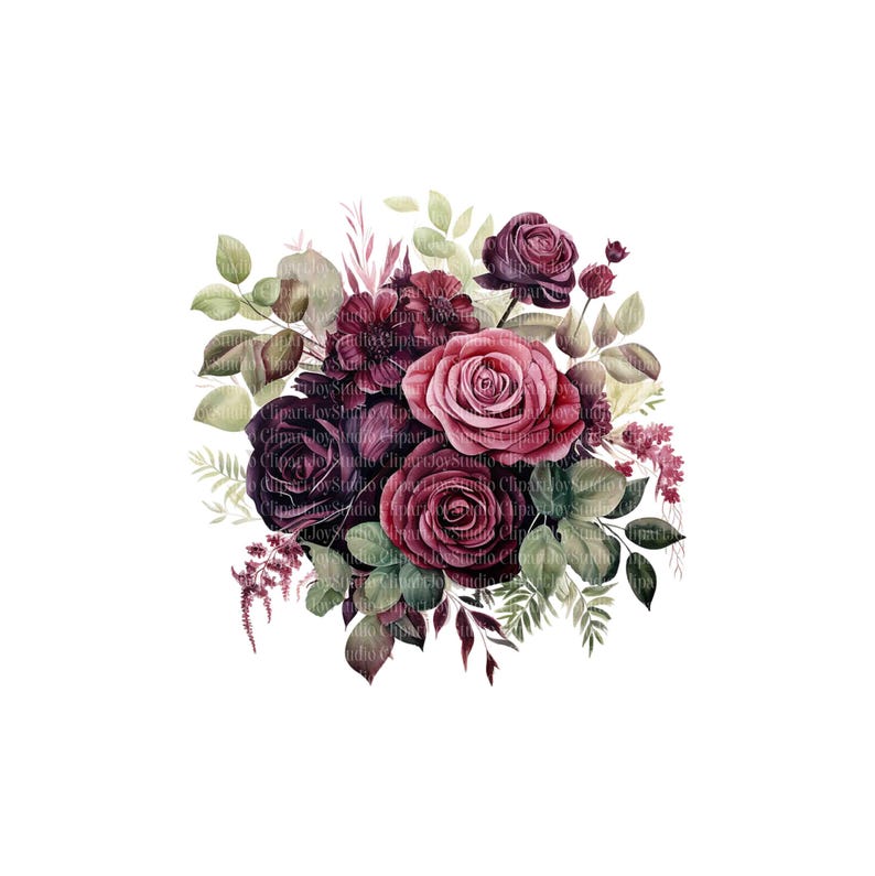 Pode incluir: Ilustra&ccedil;&atilde;o em aquarela de um buqu&ecirc; de flores. O arranjo apresenta rosas bord&ocirc; escuras, flores roxas escuras e toques de folhagem rosa e verde. O design floral est&aacute; em um fundo branco.