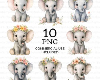 Clipart floreale di un elefante, Clipart acquerello stampabile, Grafica PNG, Download digitale, Decorazioni murali per la cameretta del bambino, Lavoretti di carta / 084