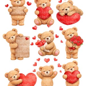 Könnte beinhalten: Eine Sammlung entzückender Teddybär-Illustrationen. Jeder braune Bär hält verschiedene Valentinstags-Themen, darunter Herzen, Rosensträuße und Schilder. Die Bären haben lächelnde Gesichter und sind von roten Herzen umgeben.