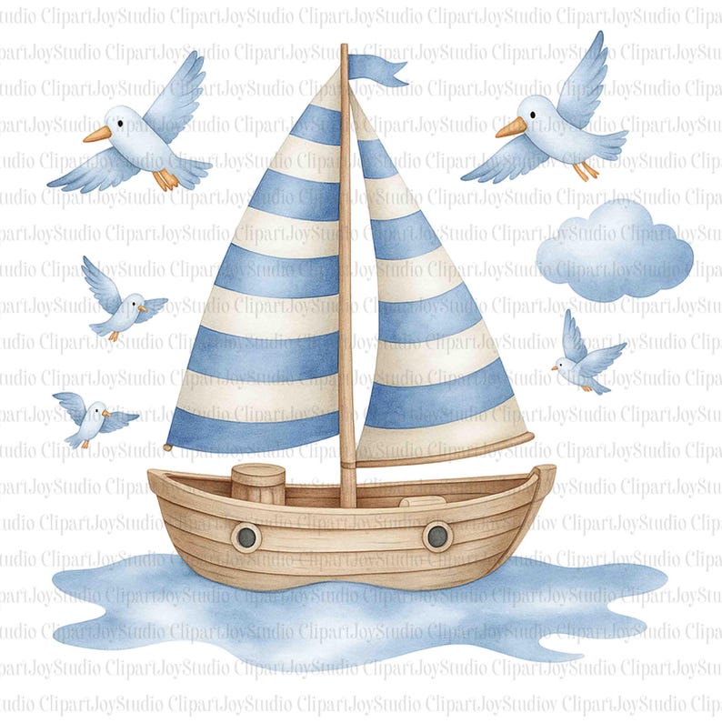 May include: A watercolour illustration of a wooden sailboat with blue and white striped sails, surrounded by flying blue birds and a cloud. The boat is on a blue water surface, creating a nautical theme.