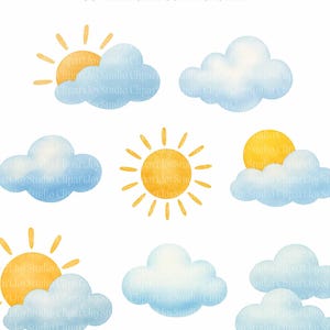 Pode incluir: Conjunto de cliparts em aquarela com oito imagens do sol e das nuvens. Os sóis são amarelos com raios laranja, e as nuvens são azuis e brancas. O texto "8 PNG COMMERCIAL USE INCLUDED" está no topo.
