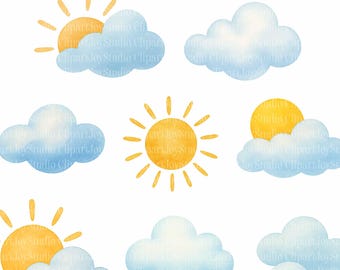 Sun and Clouds Clipart Bundle, Cartoon Clouds PNG, Printable junk journals scrapbook images, Digital Download, Paper craft clip art