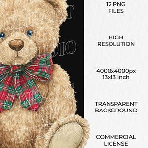 May include: A detailed illustration of a teddy bear with tan fur, blue eyes, and a brown nose. The bear wears a red and green plaid bow tie. Text on the right side includes "12 PNG FILES", "HIGH RESOLUTION", and "TRANSPARENT BACKGROUND".