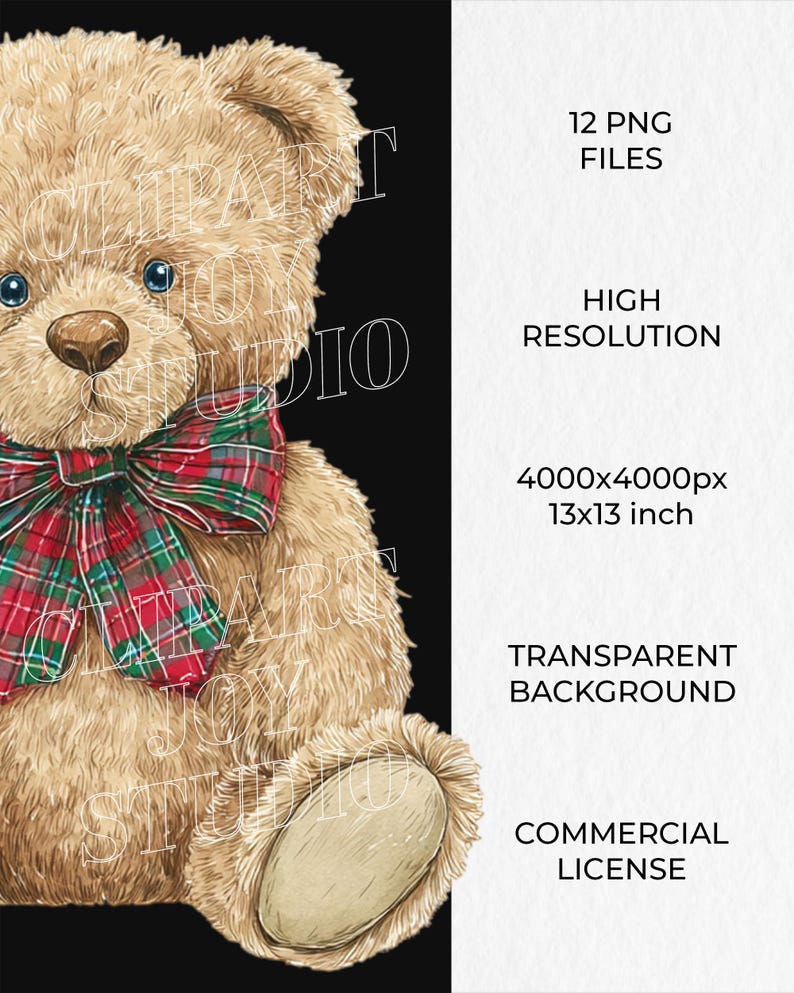 May include: A detailed illustration of a teddy bear with tan fur, blue eyes, and a brown nose. The bear wears a red and green plaid bow tie. Text on the right side includes "12 PNG FILES", "HIGH RESOLUTION", and "TRANSPARENT BACKGROUND".