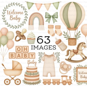 Bundle de cliparts aquarelle neutre pour baby shower, Boho beige sexe des cliparts, chambre de bébé nouveau-né PNG, usage commercial PNG | 050