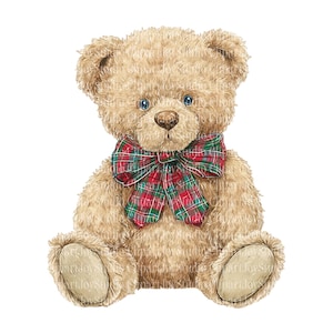 May include: A light brown teddy bear with a plaid bow tie. The bear has a soft, plush appearance with visible fur texture. The bow tie features a red, green, and white plaid pattern. The bear has blue eyes and is sitting upright.