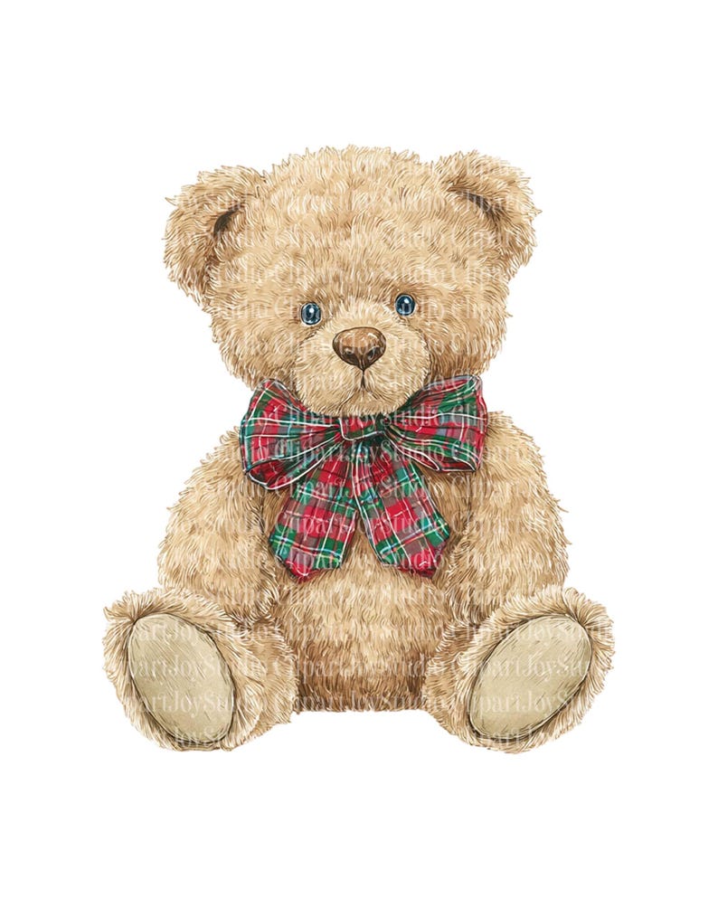 May include: A light brown teddy bear with a plaid bow tie. The bear has a soft, plush appearance with visible fur texture. The bow tie features a red, green, and white plaid pattern. The bear has blue eyes and is sitting upright.