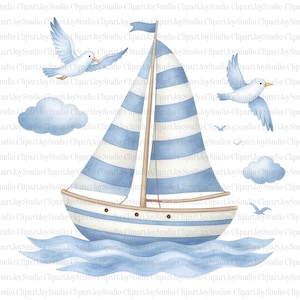 May include: A watercolour illustration of a sailboat with blue and white striped sails, sailing on blue water. Two birds and two clouds are also in the image. The sailboat is a nautical theme.