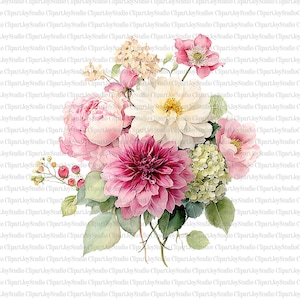 May include: A watercolor illustration of a floral bouquet featuring a deep magenta dahlia, pink peonies, white roses, and green foliage. The arrangement includes accents of pink and cream-colored flowers.