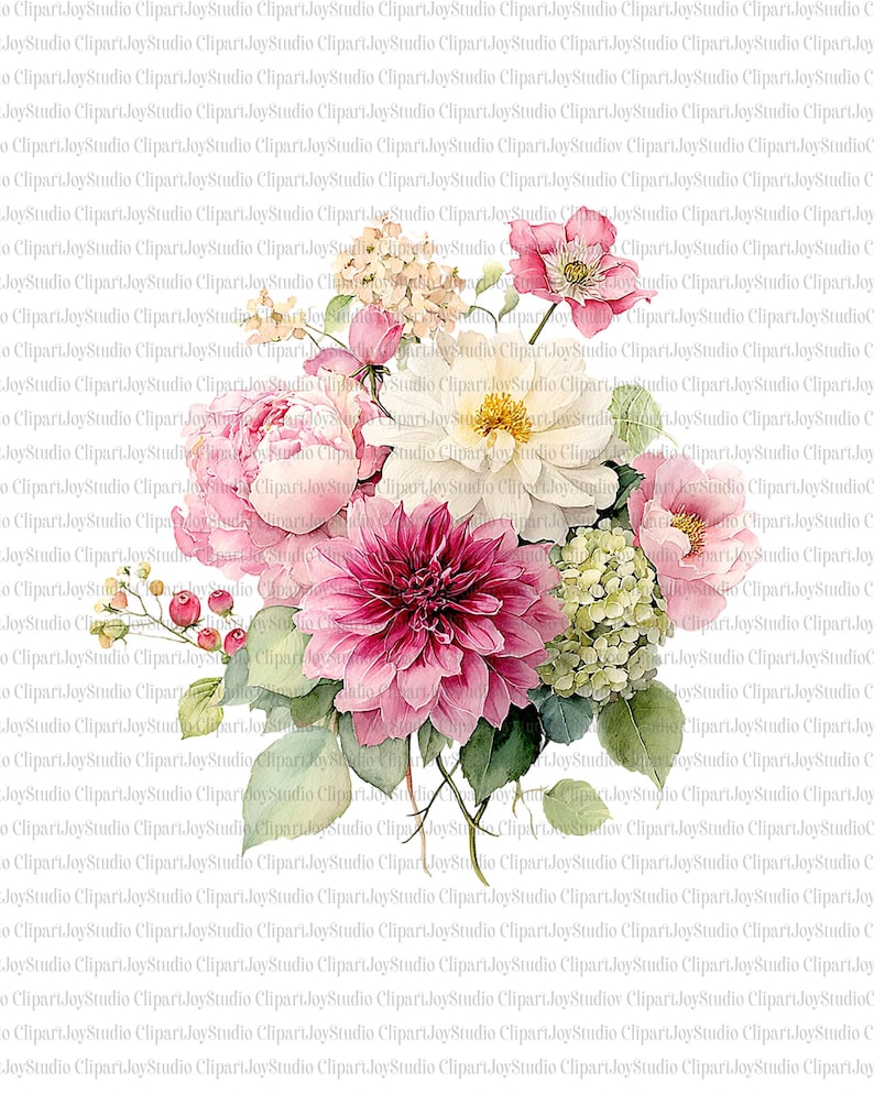 May include: A watercolor illustration of a floral bouquet featuring a deep magenta dahlia, pink peonies, white roses, and green foliage. The arrangement includes accents of pink and cream-colored flowers.