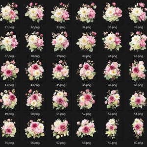 May include: A collection of watercolor floral bouquets in various arrangements. Each bouquet features a mix of pink, white, and green flowers, with a dark background. The image includes multiple variations of the floral designs.