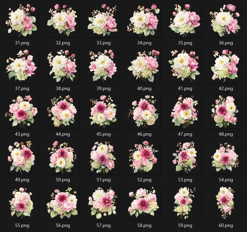 May include: A collection of watercolor floral bouquets in various arrangements. Each bouquet features a mix of pink, white, and green flowers, with a dark background. The image includes multiple variations of the floral designs.