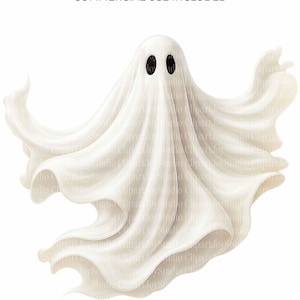 Puede incluir: Ilustración de un fantasma blanco con ojos ovalados negros y tela fluida. La imagen incluye el texto "10 PNG COMMERCIAL USE INCLUDED". Esta imagen es adecuada para diseños y manualidades con temática de Halloween.