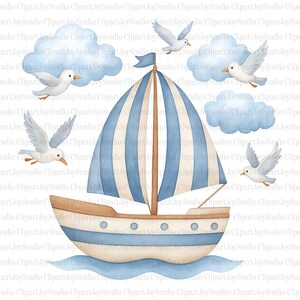 May include: A watercolour illustration of a sailboat with blue and white striped sails, sailing on blue water. White doves and fluffy blue clouds are scattered around the boat, creating a whimsical scene.