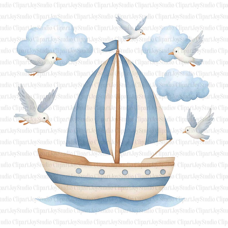 May include: A watercolour illustration of a sailboat with blue and white striped sails, sailing on blue water. White doves and fluffy blue clouds are scattered around the boat, creating a whimsical scene.