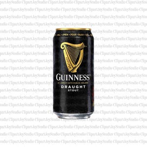 May include: A black Guinness Draught Stout beer can with gold accents. The can features the Guinness harp logo and text that reads "GUINNESS DRAUGHT STOUT". The can is cylindrical and has a metallic finish.