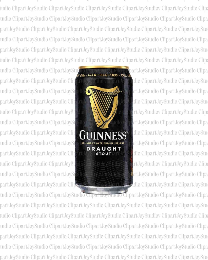 May include: A black Guinness Draught Stout beer can with gold accents. The can features the Guinness harp logo and text that reads "GUINNESS DRAUGHT STOUT". The can is cylindrical and has a metallic finish.