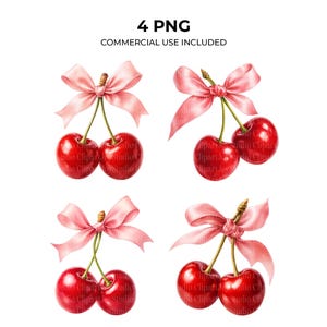 May include: Four digital illustrations of cherries with pink bows. Each pair of cherries is a vibrant red, with a realistic watercolor style. The bows are a soft pink, and the text "4 PNG COMMERCIAL USE INCLUDED" is at the top.
