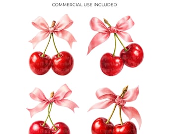 Coquette Cherry Bow Clipart, Printable Watercolor Cherry PNG clipart, with pink ribbon, Digital download, Paper craft, junk journals