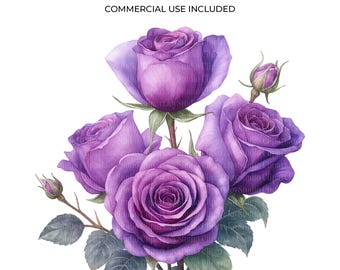 Bouquet of Lilac Roses Clipart Bundle, Purple Flowers PNG, Printable junk journals scrapbook images, digital download, Paper craft clip art