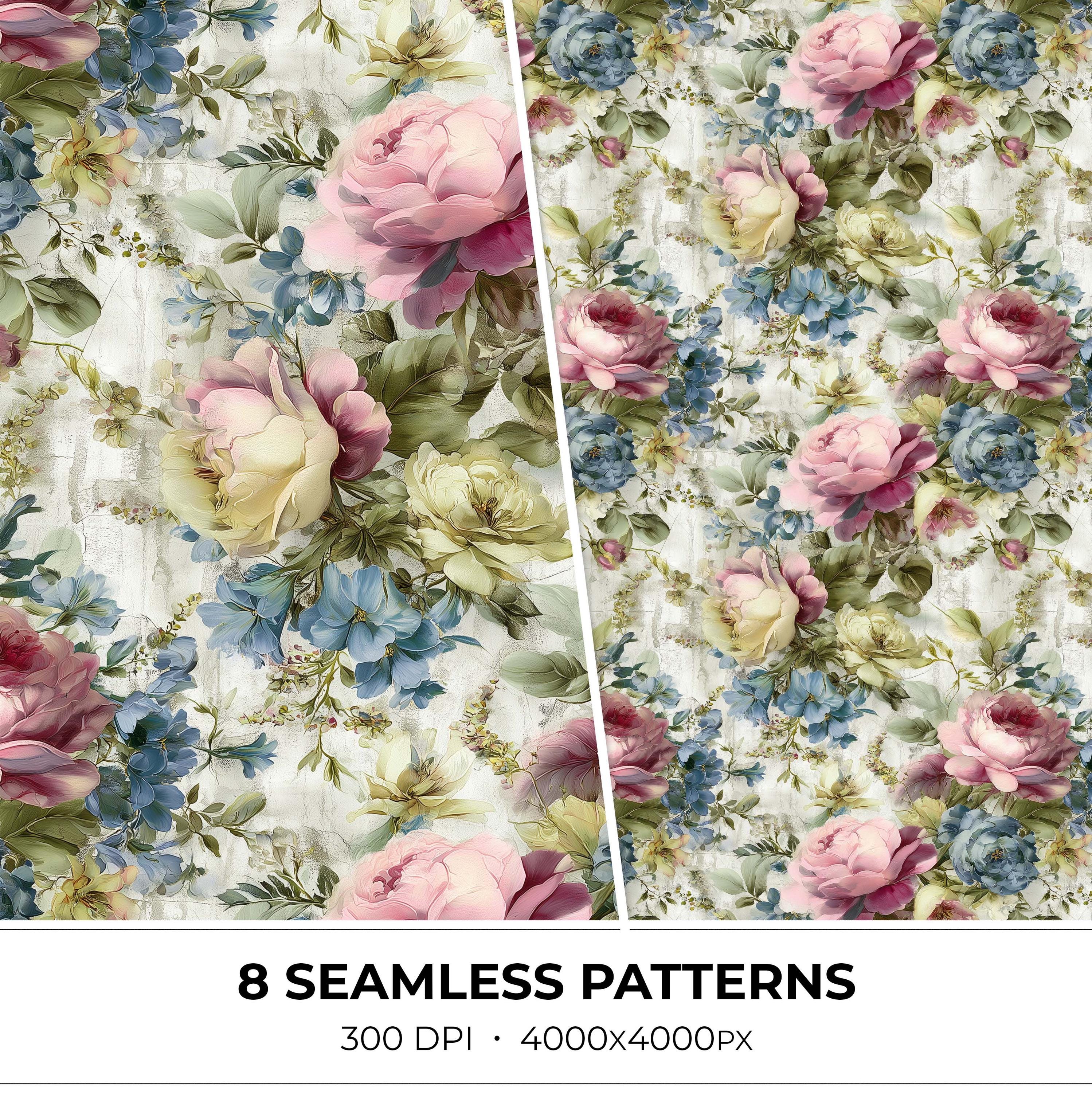 Vintage Flowers Seamless Pattern Set - Floral Digital Paper - Shabby ...