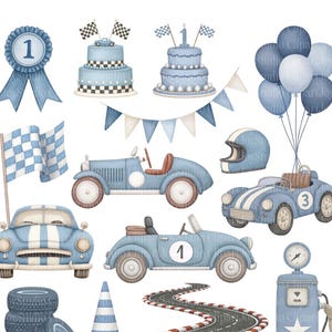 Pacchetto di clipart di auto da corsa blu ad acquerello, clipart di auto da corsa blu, illustrazioni di compleanno di un neonato, auto da corsa d'epoca, uso commerciale