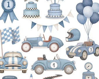 Watercolor Blue Racing Clipart Bundle, Blue Race Car Clipart, Baby Boy Birthday Illustrations, Vintage Racing Car, Commercial Use