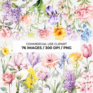 76 Pacchetto di clipart di fiori primaverili estetici, clipart PNG di nozze, elementi floreali acquerellati, grafica botanica, fiori vintage 005