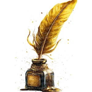 Può includere: Una penna d'oro è inserita in un calamaio scuro con dettagli dorati. La penna è di un colore oro vibrante e il calamaio ha una forma rettangolare con un'etichetta dorata. Gocce d'oro circondano il calamaio e la penna.