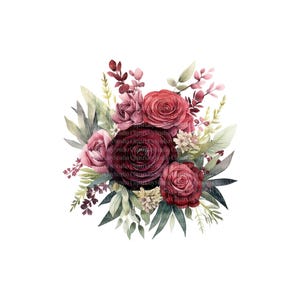 Pacote de clipart de flores cor de vinho, buquê de rosas, gráficos PNG, download digital, artesanato em papel, diário de lixo, scrapbooking imagem 5
