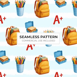Könnte beinhalten: Ein nahtloses Muster mit gelben Rucksäcken, blauen Brotdosen mit Sandwiches, hellblauen Stiftebechern mit Buntstiften und rotem A+ Text auf hellblauem Hintergrund mit dem Text SEAMLESS PATTERN COMMERCIAL USE INCLUDED.
