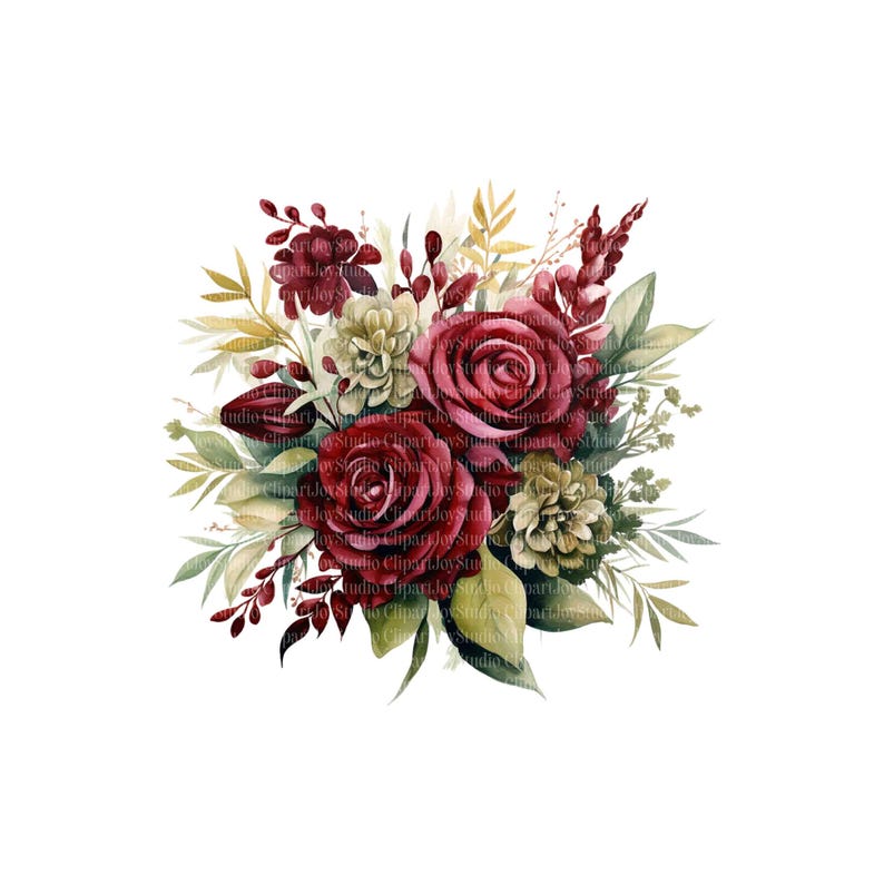 Pacote de clipart de flores cor de vinho, buquê de rosas, gráficos PNG, download digital, artesanato em papel, diário de lixo, scrapbooking imagem 3