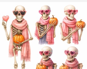 7 Halloween Skeleton Clipart, Skull Clipart, Printable Watercolor clipart, High Quality PNGs, Digital download, Paper craft, junk journals