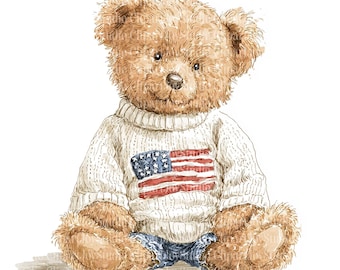 May include: A watercolor illustration of a teddy bear wearing a white sweater with an American flag design and blue denim shorts. The bear has brown fur and is sitting down.