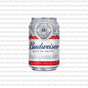 May include: A silver Budweiser beer can with red and white accents. The can features the Budweiser logo and text, including "King of Beers" and "Anheuser-Busch, Inc."