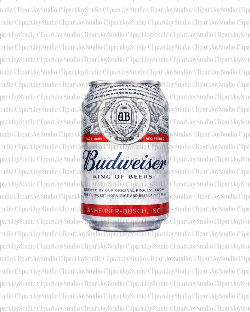 May include: A silver Budweiser beer can with red and white accents. The can features the Budweiser logo and text, including "King of Beers" and "Anheuser-Busch, Inc."