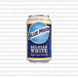 May include: A Blue Moon Belgian White beer can. The can is blue and silver with the words "Blue Moon" in a stylized font. The text "Belgian White" and "Belgian-Style Wheat Ale" are also visible.