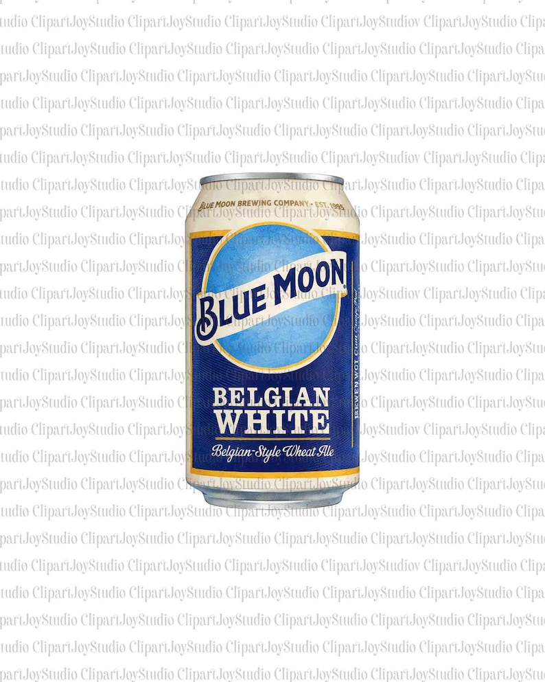 May include: A Blue Moon Belgian White beer can. The can is blue and silver with the words "Blue Moon" in a stylized font. The text "Belgian White" and "Belgian-Style Wheat Ale" are also visible.