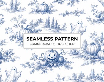 Op de afbeelding: Een naadloos patroon met blauwe inktillustraties van pompoenen, jack-o'-lanterns en geesten op een witte achtergrond. Het ontwerp bevat gebladerte en landschapselementen. De tekst in het midden luidt: SEAMLESS PATTERN COMMERCIAL USE INCLUDED.