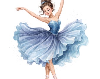 May include: A watercolour illustration of a ballerina in a blue dress, arms outstretched. The dress has a layered skirt and sparkling details. She wears a jeweled headband and pointe shoes. The artwork has a soft, dreamy aesthetic.