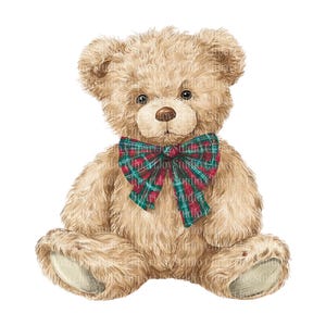 May include: A detailed illustration of a teddy bear with light brown fur, sitting upright. The bear has a red, green, and white plaid bow tie. The bear's fur is textured, and it has small, dark eyes.
