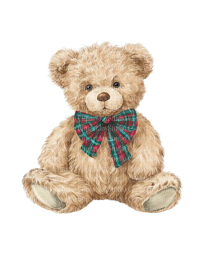 May include: A detailed illustration of a teddy bear with light brown fur, sitting upright. The bear has a red, green, and white plaid bow tie. The bear's fur is textured, and it has small, dark eyes.