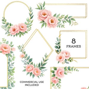 Clipart di cornici di fiori ad acquerello, bordi di cornici per matrimoni, grafica PNG di cornici floreali, download digitale, creazioni di carta, inviti / 076