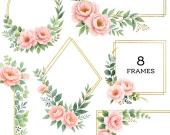 Watercolor Flower Frames Clipart, Wedding Frame Borders, Floral Frame PNG graphic, Digital Download, Paper Craft, Invites | 076