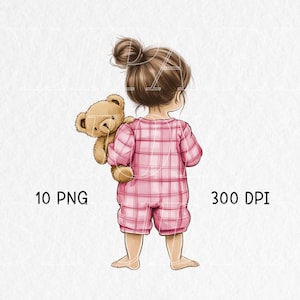Meisje met teddybeer • clipart • kinderkamer png-clipart • kind • kind • collectie • aquarel kinderkamer clipart • commercieel gebruik | 024