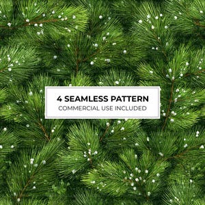 May include: A seamless pattern featuring vibrant green pine needles with small white accents scattered throughout the branches. A central white rectangular label contains the black text 4 SEAMLESS PATTERN COMMERCIAL USE INCLUDED.