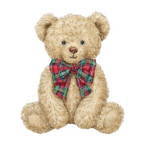 May include: A watercolor illustration of a seated teddy bear with light brown fur. The bear has a red, green, and black plaid bow tie. The bear has blue eyes and is set against a white background.