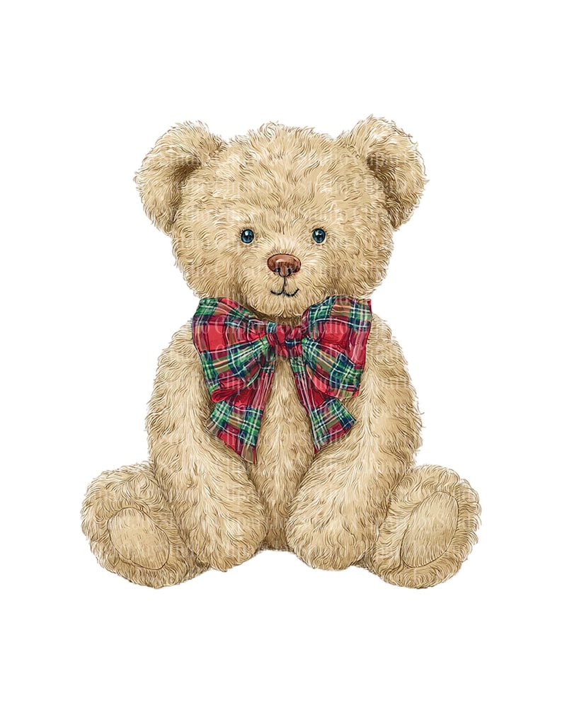 May include: A watercolor illustration of a seated teddy bear with light brown fur. The bear has a red, green, and black plaid bow tie. The bear has blue eyes and is set against a white background.