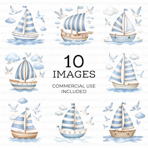 May include: A collection of watercolour illustrations featuring sailboats with blue and white striped sails, seagulls, and clouds. The image includes the text "10 IMAGES" and "COMMERCIAL USE INCLUDED". The boats are on blue water.
